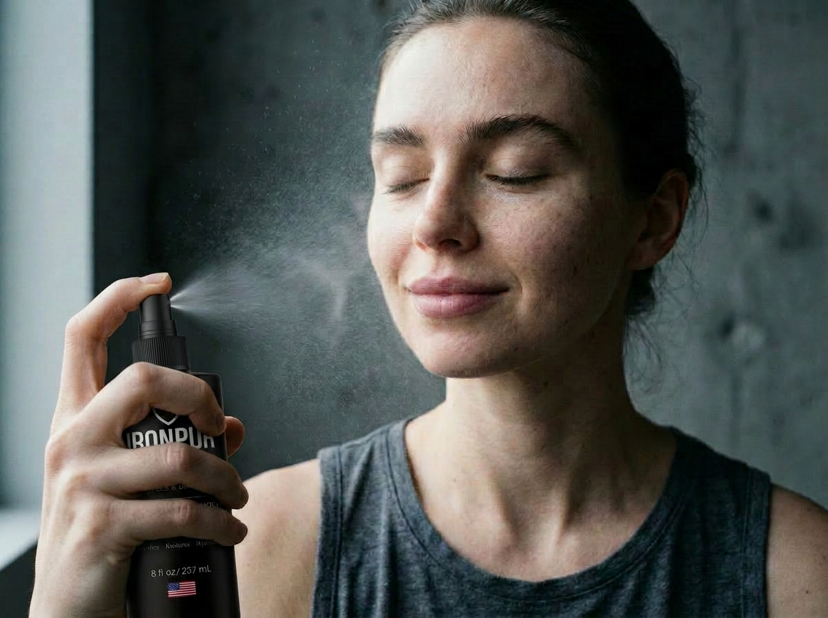 Woman misting her face with IRONPUR hypochlorous acid spray as part of her daily reset