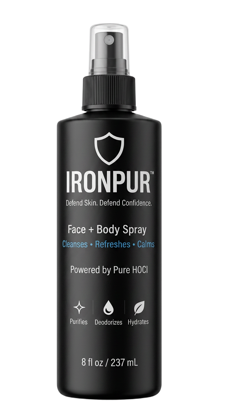 IRONPUR matte black light-blocking bottle protects the HOCl formula from UV and visible light