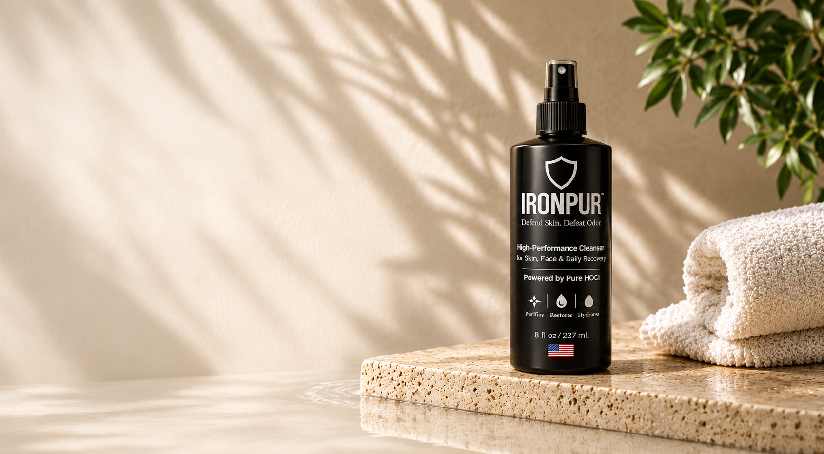 IRONPUR hypochlorous acid spray bottle on travertine stone