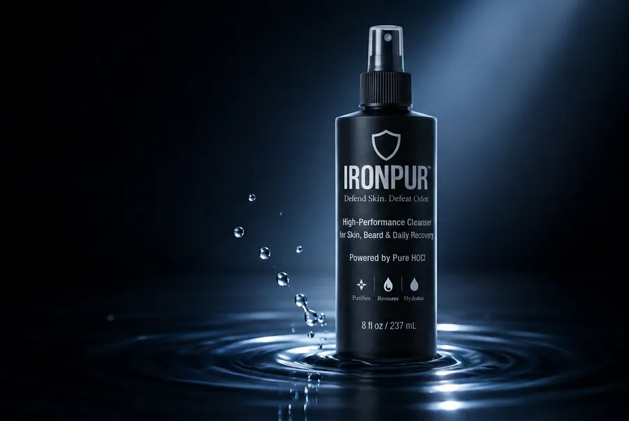 IRONPUR™ Everyday HOCl hypochlorous acid face and body mist standing in reflective water