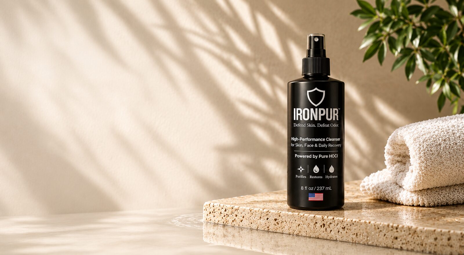 IRONPUR hypochlorous acid spray bottle on travertine stone