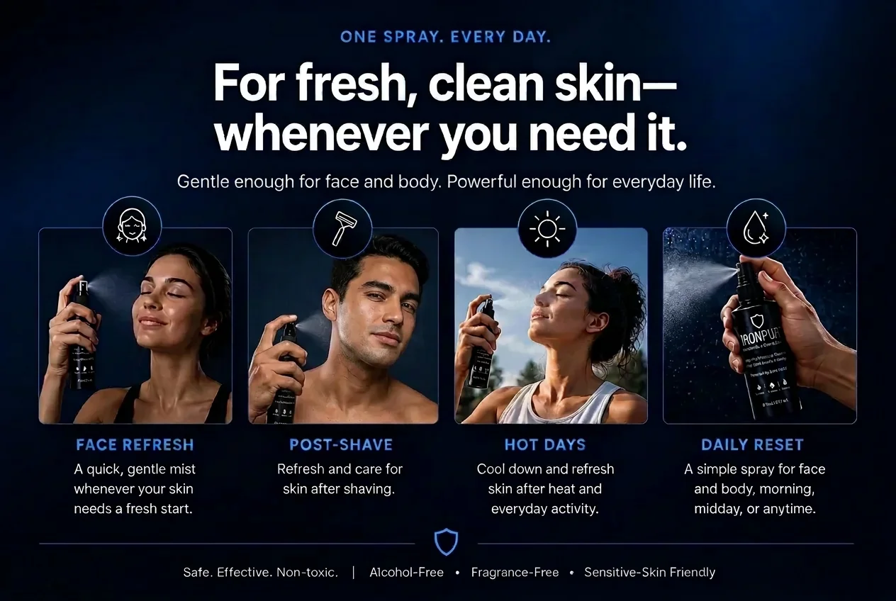 IRONPUR hypochlorous acid face + body mist: one spray every day for face refresh, post-shave, hot days, and daily reset. Alcohol-free, fragrance-free, sensitive-skin friendly.